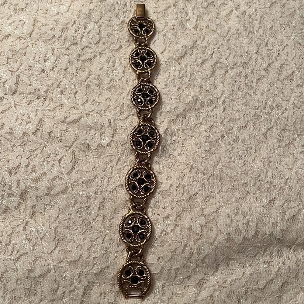 Napier/vintage gold tone, black rhinestone bracelet, 7.5”